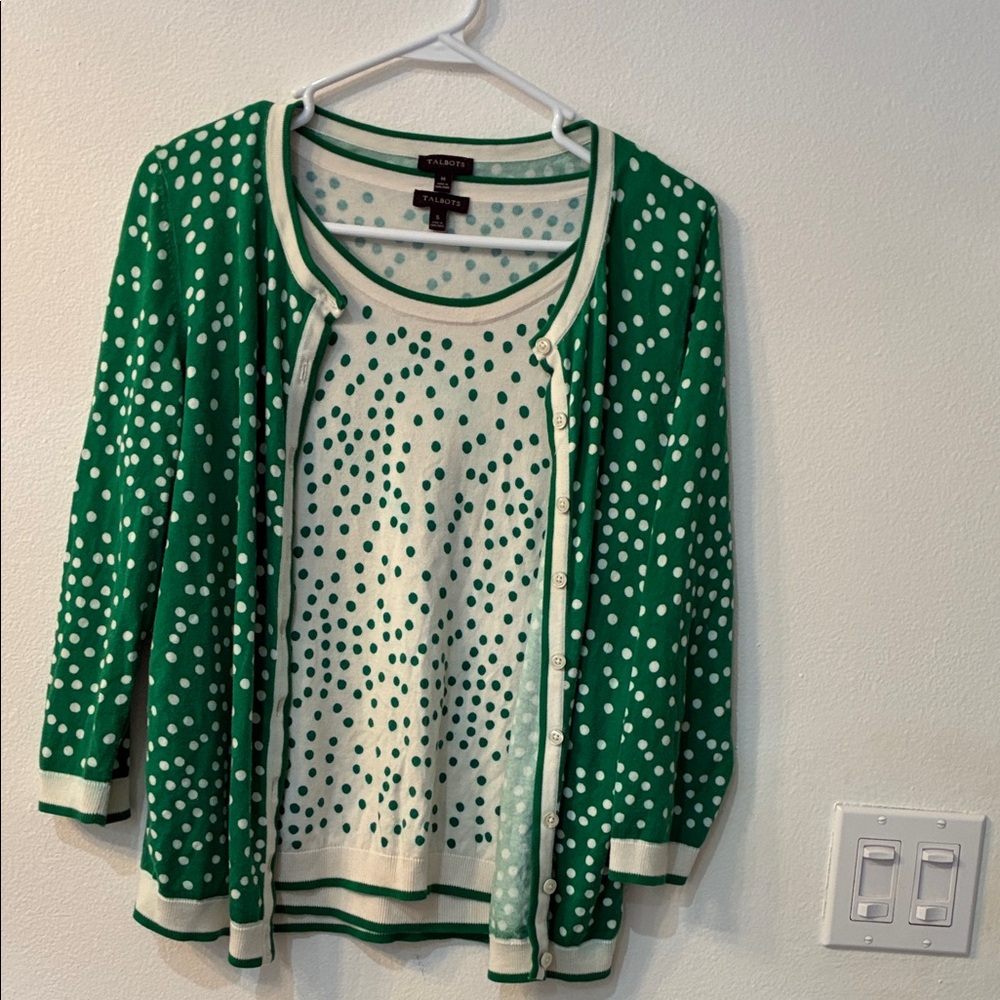 Talbots Green and White Polka Dot Cardigan Set